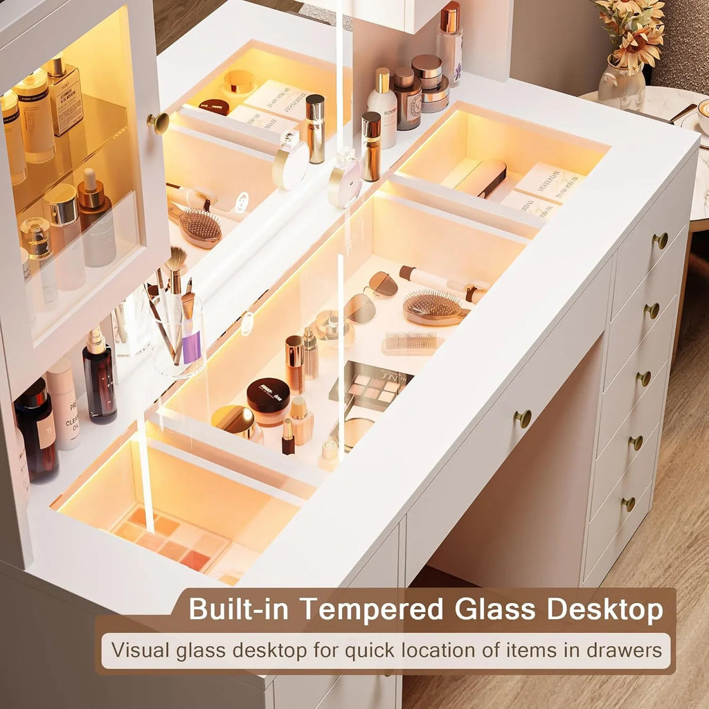 iPormis Vanity Desk with Mirror and Lights, Glass Top Makeup Vanity with RGB Light and Charging Station