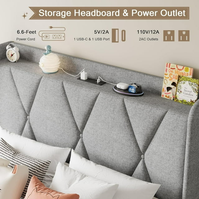 iPormis Bed Frame with Charging Station , Upholstered Bed with 4 Storage Drawers
