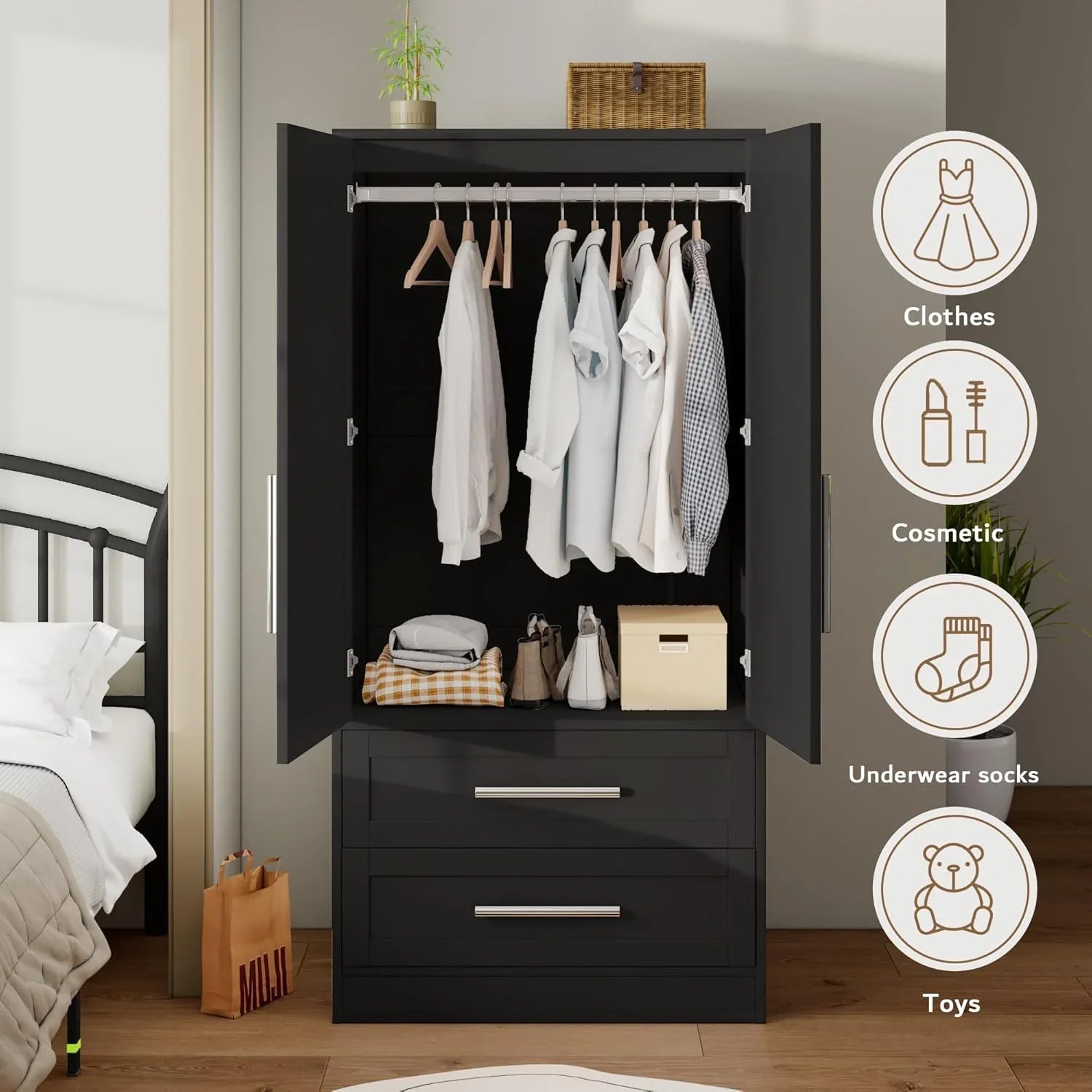 iPormis Wooden Armoire Wardrobe Closet with 2 Drawers, Clothing Storage Cabinet