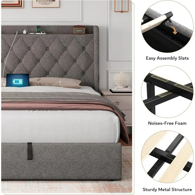 iPormis Queen Size Bed Frame with Lift up Storage & Charging Station, Button Tufted Wingback Upholstered Headboard