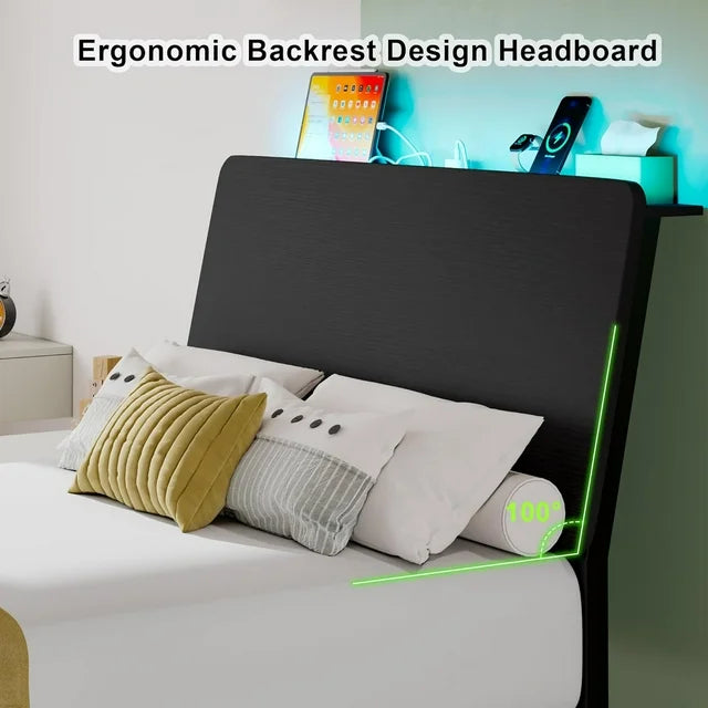 iPormis Bed Frame with Ergonomic Storage Headboard & Charging Station