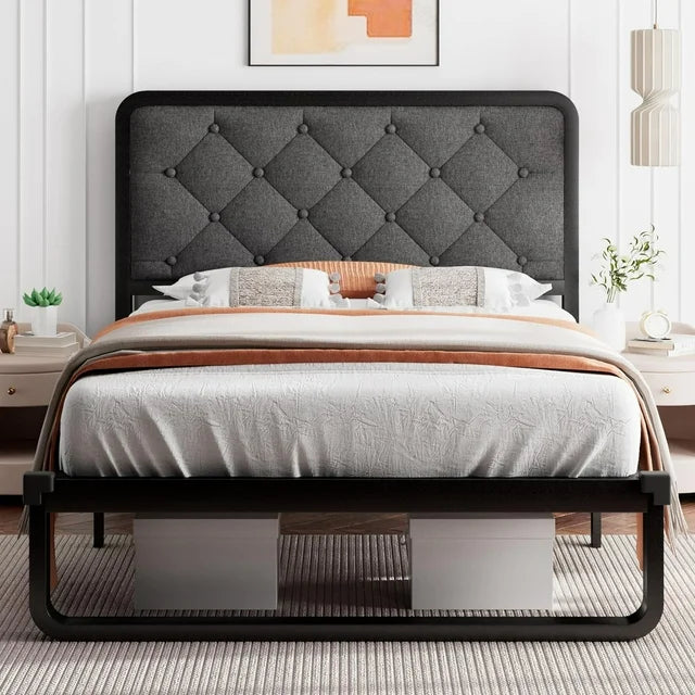 iPormis Queen Size Metal Bed Frame with Linen Upholstered Headboard, 12'' Underbed Space