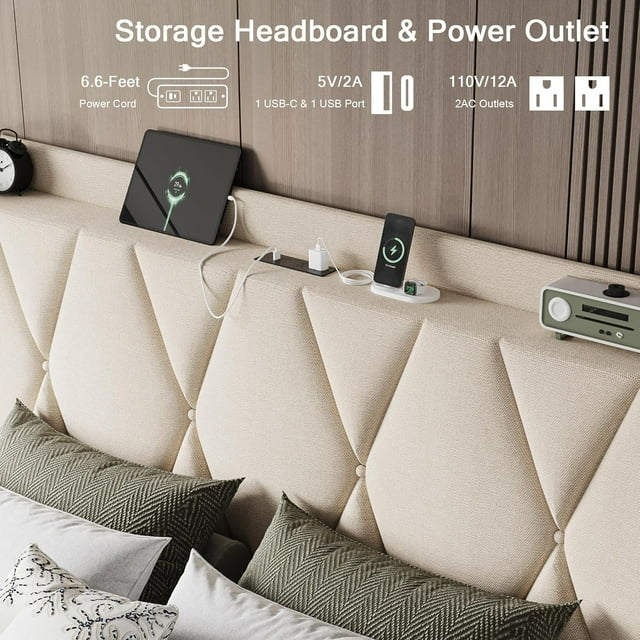 iPormis Bed Frame with Charging Station , Upholstered Bed with 4 Storage Drawers