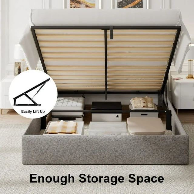 iPormis Queen Size Bed Frame with Lift up Storage & Charging Station, Button Tufted Wingback Upholstered Headboard