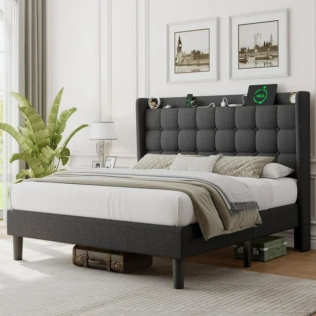 ipormis Full Size Bed Frame with Charging Station，Upholstered Platform Bed Frame with Wingback Storage Headboard
