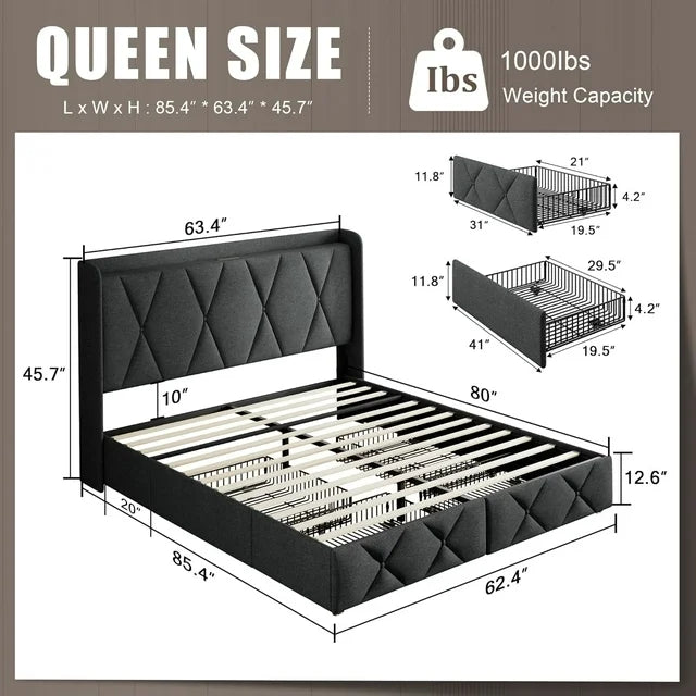 iPormis Bed Frame with Charging Station , Upholstered Bed with 4 Storage Drawers