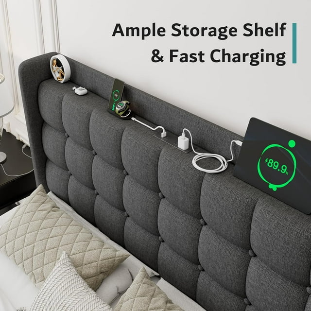 ipormis Full Size Bed Frame with Charging Station，Upholstered Platform Bed Frame with Wingback Storage Headboard