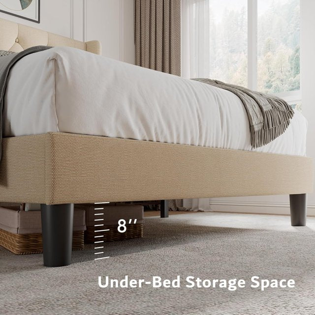 iPormis Bed Frame with Diamond Button Tufted Wingback Headboard, Upholstered Platform Bed Frame