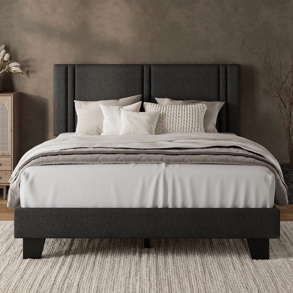 Virans Linen Platform Bed Frame with Upholstered Headboard,Sturdy Solid Wood Slats Support,Noise Free,No Box Spring