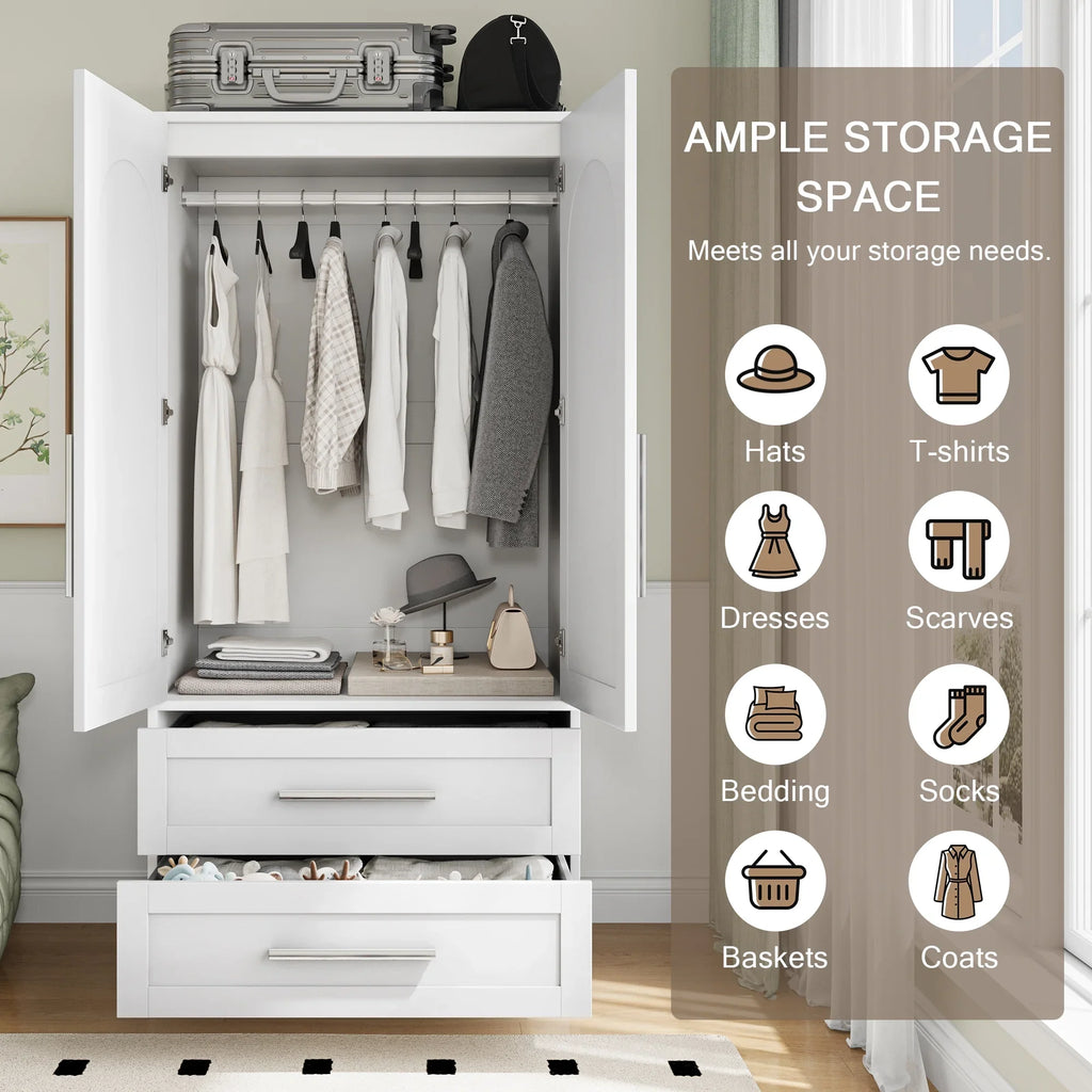 iPormis Wooden Armoire Wardrobe Closet with 2 Drawers, Clothing Storage Cabinet