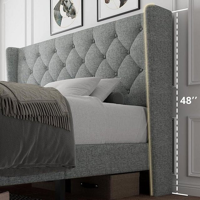 iPormis Bed Frame with Diamond Button Tufted Wingback Headboard, Upholstered Platform Bed Frame