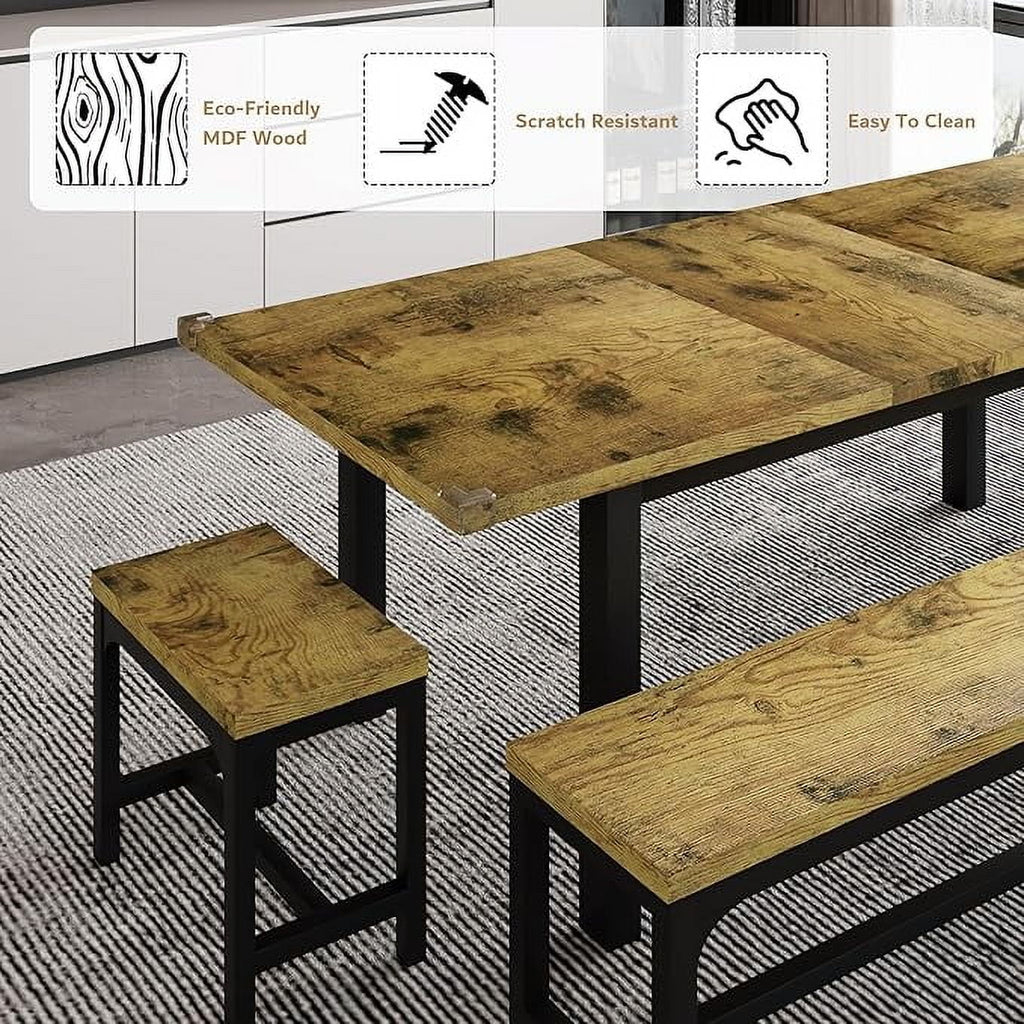 iPormis 5-Piece Dining Table Set for 4-8 People, Extendable Kitchen Table Set with 2 Benches and 2 Square Stools