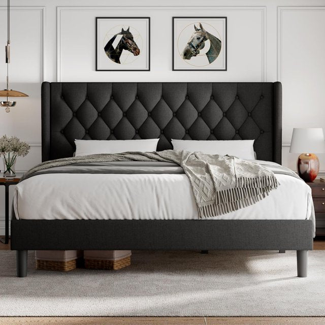 iPormis Bed Frame with Diamond Button Tufted Wingback Headboard, Upholstered Platform Bed Frame
