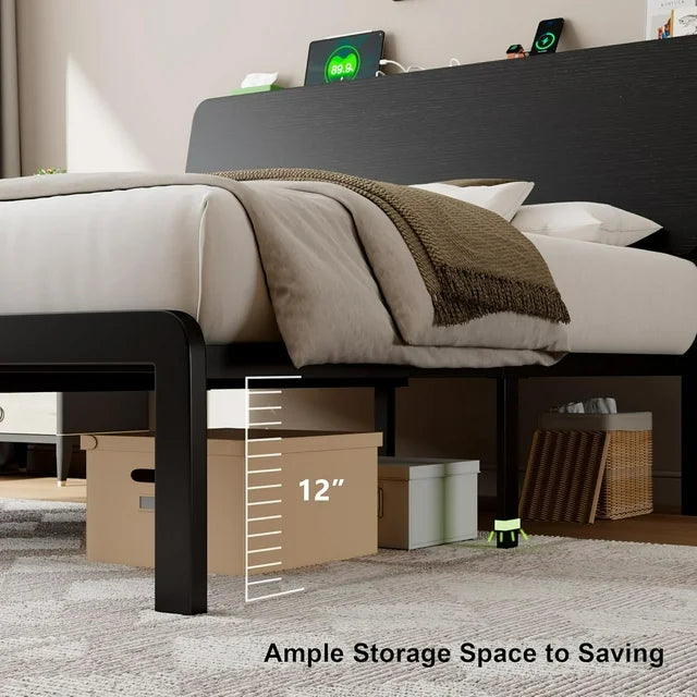 iPormis Bed Frame with Ergonomic Storage Headboard & Charging Station