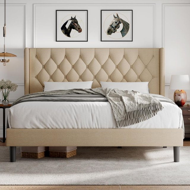 iPormis Bed Frame with Diamond Button Tufted Wingback Headboard, Upholstered Platform Bed Frame