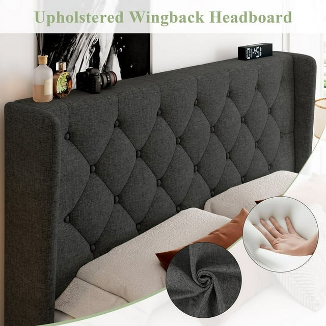 iPormis Bed Frame with Diamond Button Tufted Wingback Headboard, Upholstered Platform Bed Frame