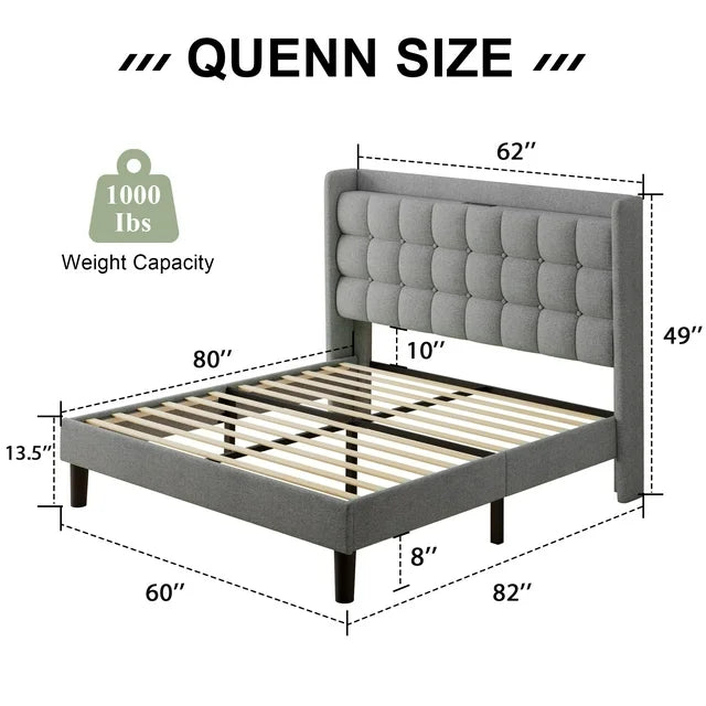 ipormis Full Size Bed Frame with Charging Station，Upholstered Platform Bed Frame with Wingback Storage Headboard