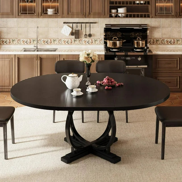 iPormis 59'' Extendable Round Dining Table for 4 to 8, Kitchen Table with Sturdy X-Base Metal Legs