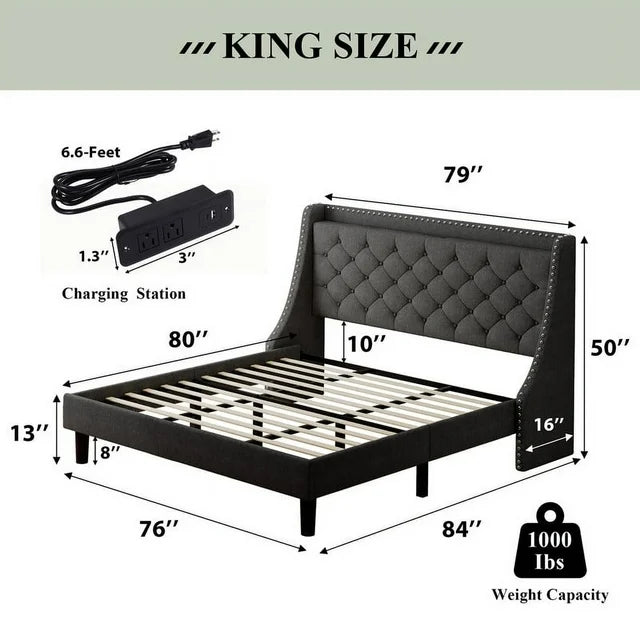 iPormis Full Bed Frame with Upholstered Wingback Button Tufted Storage Headboard