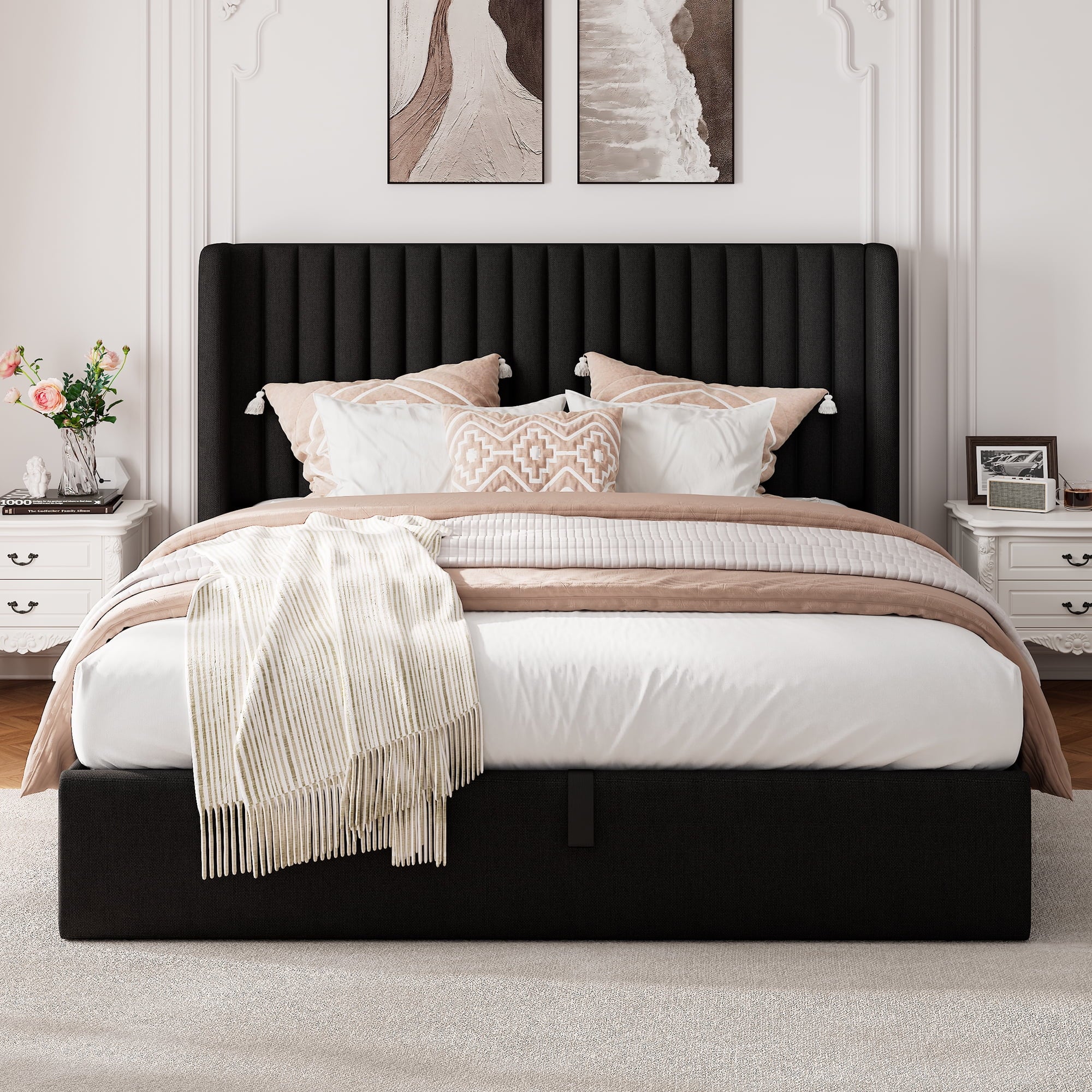 Virans Lift Up Storage Bed With Wingback Headboard, Upholstered Platform Bed Frame with Hydraulic Storage