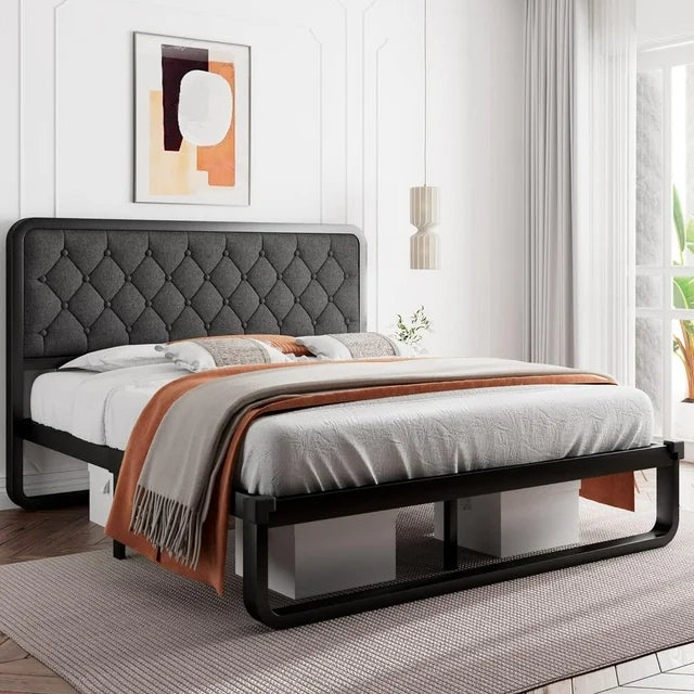 iPormis Queen Size Metal Bed Frame with Linen Upholstered Headboard, 12'' Underbed Space