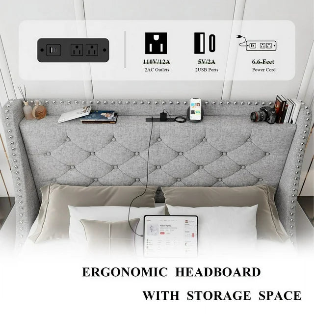 iPormis Full Bed Frame with Upholstered Wingback Button Tufted Storage Headboard