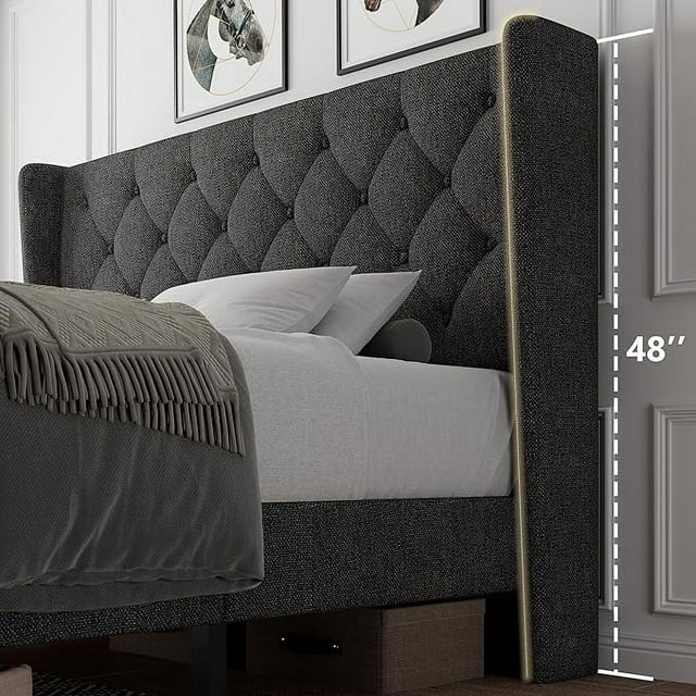 iPormis Bed Frame with Diamond Button Tufted Wingback Headboard, Upholstered Platform Bed Frame