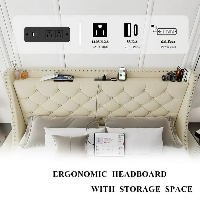 iPormis Full Bed Frame with Upholstered Wingback Button Tufted Storage Headboard