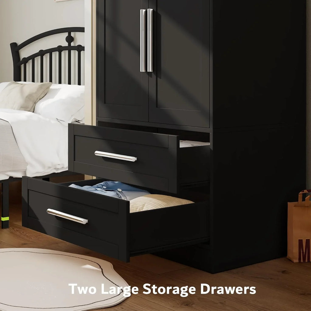 iPormis Wooden Armoire Wardrobe Closet with 2 Drawers, Clothing Storage Cabinet