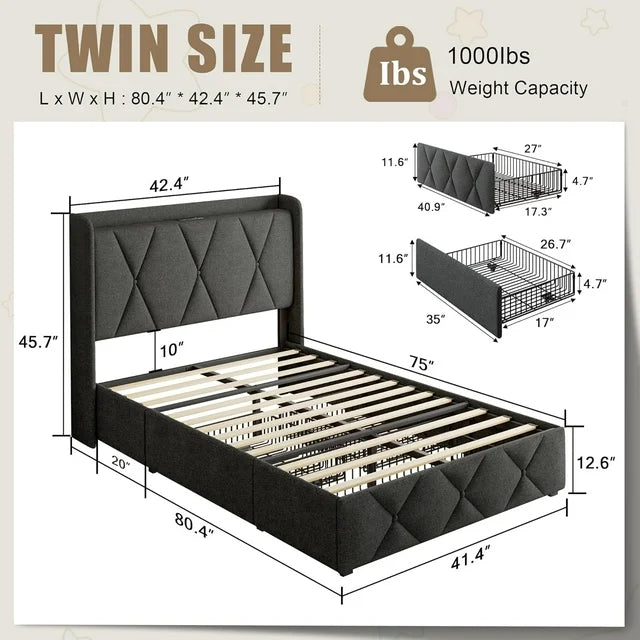 iPormis Bed Frame with Charging Station , Upholstered Bed with 4 Storage Drawers