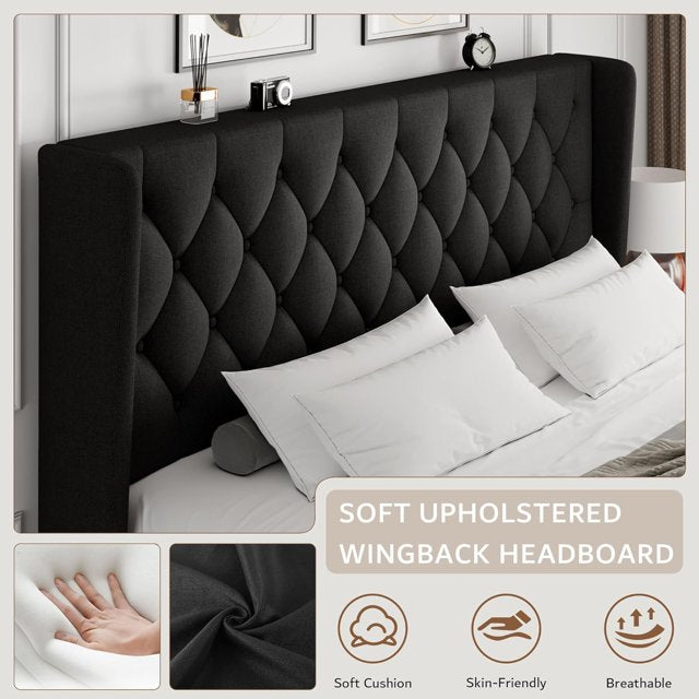 iPormis Bed Frame with Diamond Button Tufted Wingback Headboard, Upholstered Platform Bed Frame