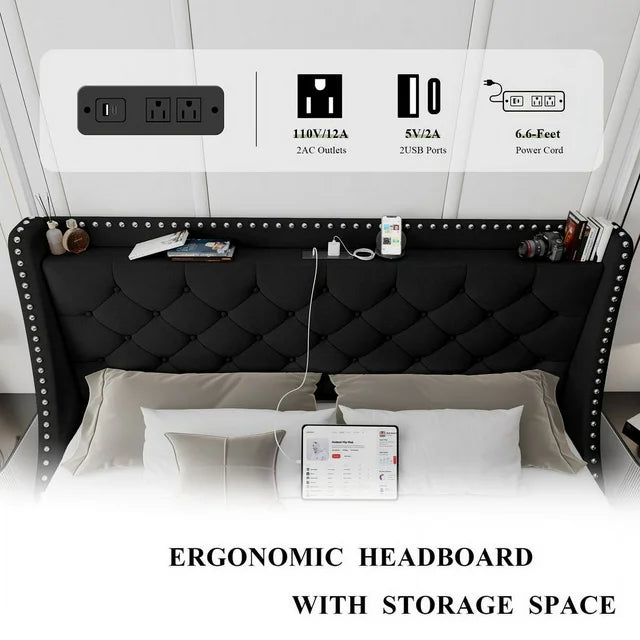iPormis Full Bed Frame with Upholstered Wingback Button Tufted Storage Headboard
