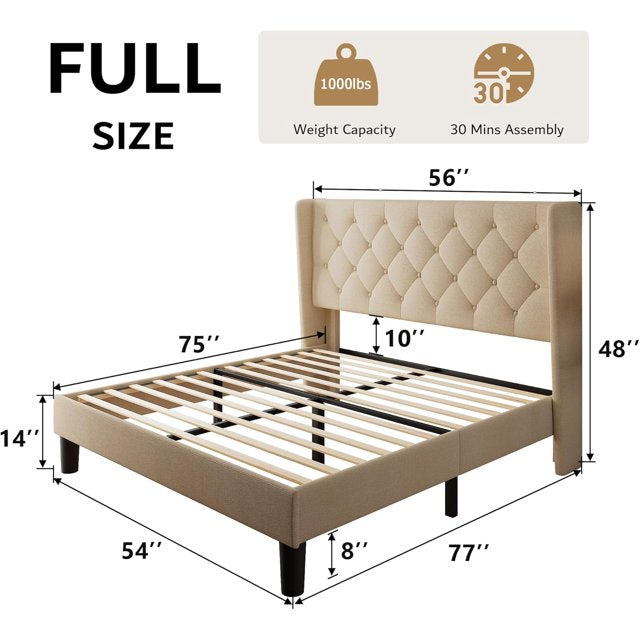 iPormis Bed Frame with Diamond Button Tufted Wingback Headboard, Upholstered Platform Bed Frame