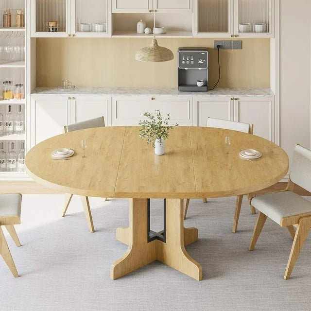 iPormis 59" Extendable Round Dining Table for 6 Modern Kitchen Table with Sturdy Wooden Base, Dining Room Table with Thickened MDF Board