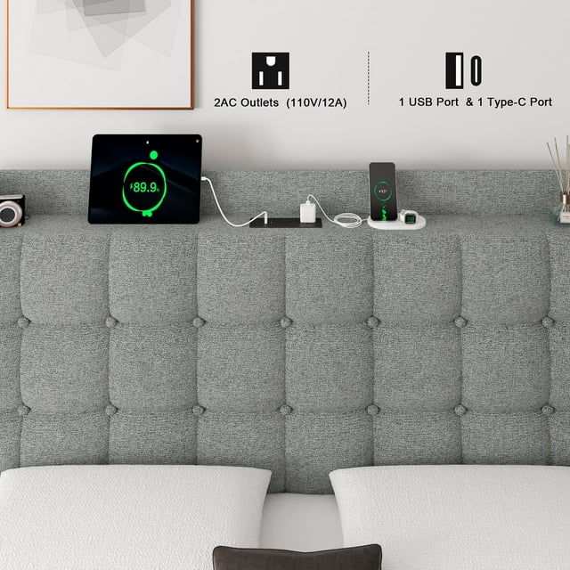 ipormis Full Size Bed Frame with Charging Station，Upholstered Platform Bed Frame with Wingback Storage Headboard