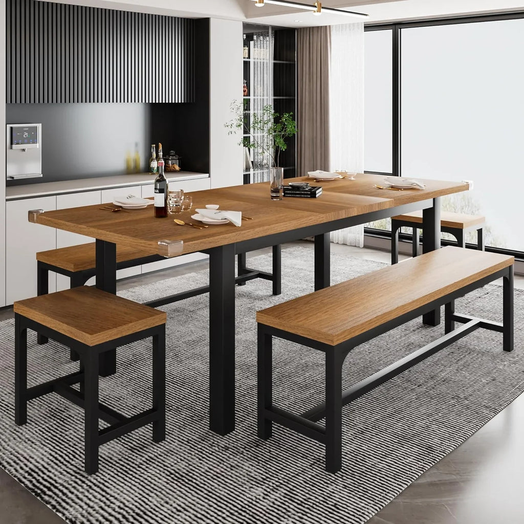 iPormis 5-Piece Dining Table Set for 4-8 People, Extendable Kitchen Table Set with 2 Benches and 2 Square Stools
