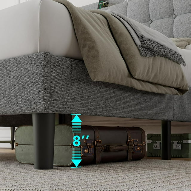 ipormis Full Size Bed Frame with Charging Station，Upholstered Platform Bed Frame with Wingback Storage Headboard