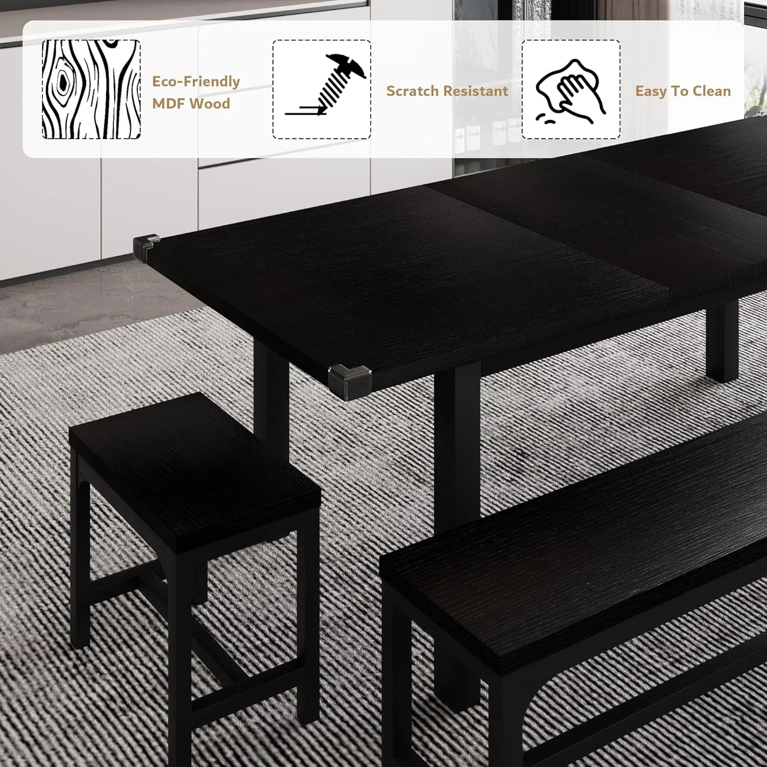 iPormis 5-Piece Dining Table Set for 4-8 People, Extendable Kitchen Table Set with 2 Benches and 2 Square Stools