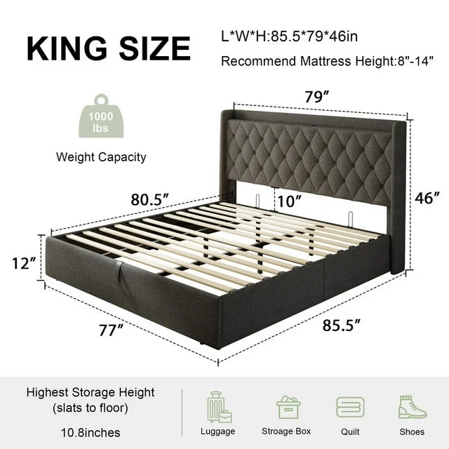 iPormis Queen Size Bed Frame with Lift up Storage & Charging Station, Button Tufted Wingback Upholstered Headboard