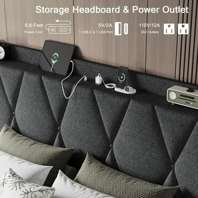iPormis Bed Frame with Charging Station , Upholstered Bed with 4 Storage Drawers