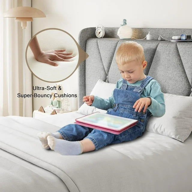 iPormis Bed Frame with Charging Station , Upholstered Bed with 4 Storage Drawers