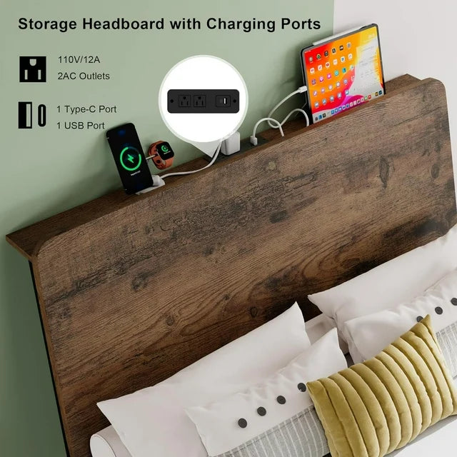 iPormis Bed Frame with Ergonomic Storage Headboard & Charging Station