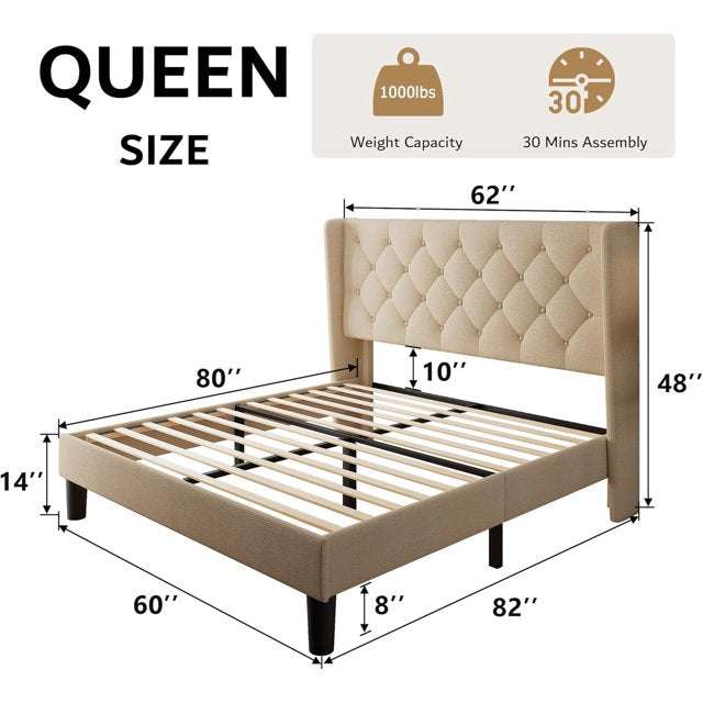 iPormis Bed Frame with Diamond Button Tufted Wingback Headboard, Upholstered Platform Bed Frame