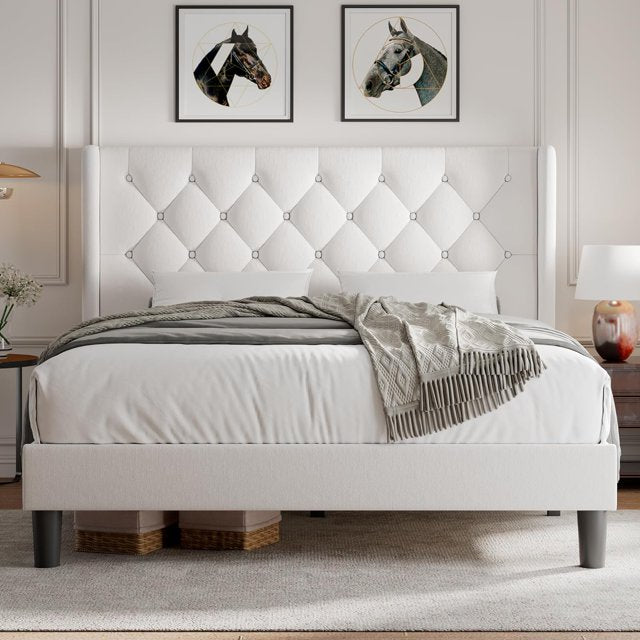 iPormis Bed Frame with Diamond Button Tufted Wingback Headboard, Upholstered Platform Bed Frame