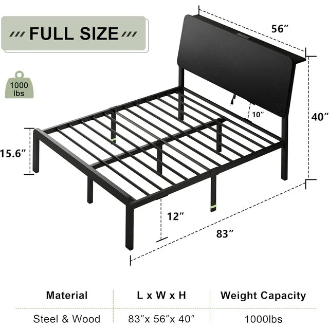 iPormis Bed Frame with Ergonomic Storage Headboard & Charging Station