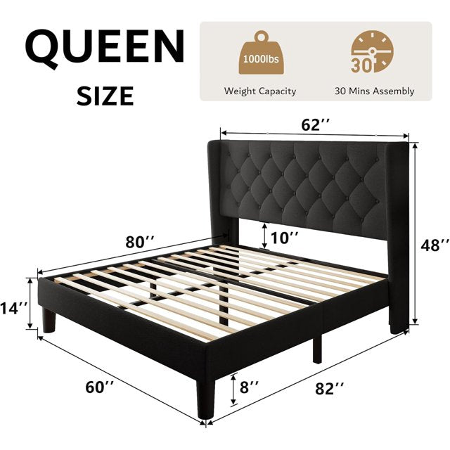 iPormis Bed Frame with Diamond Button Tufted Wingback Headboard, Upholstered Platform Bed Frame