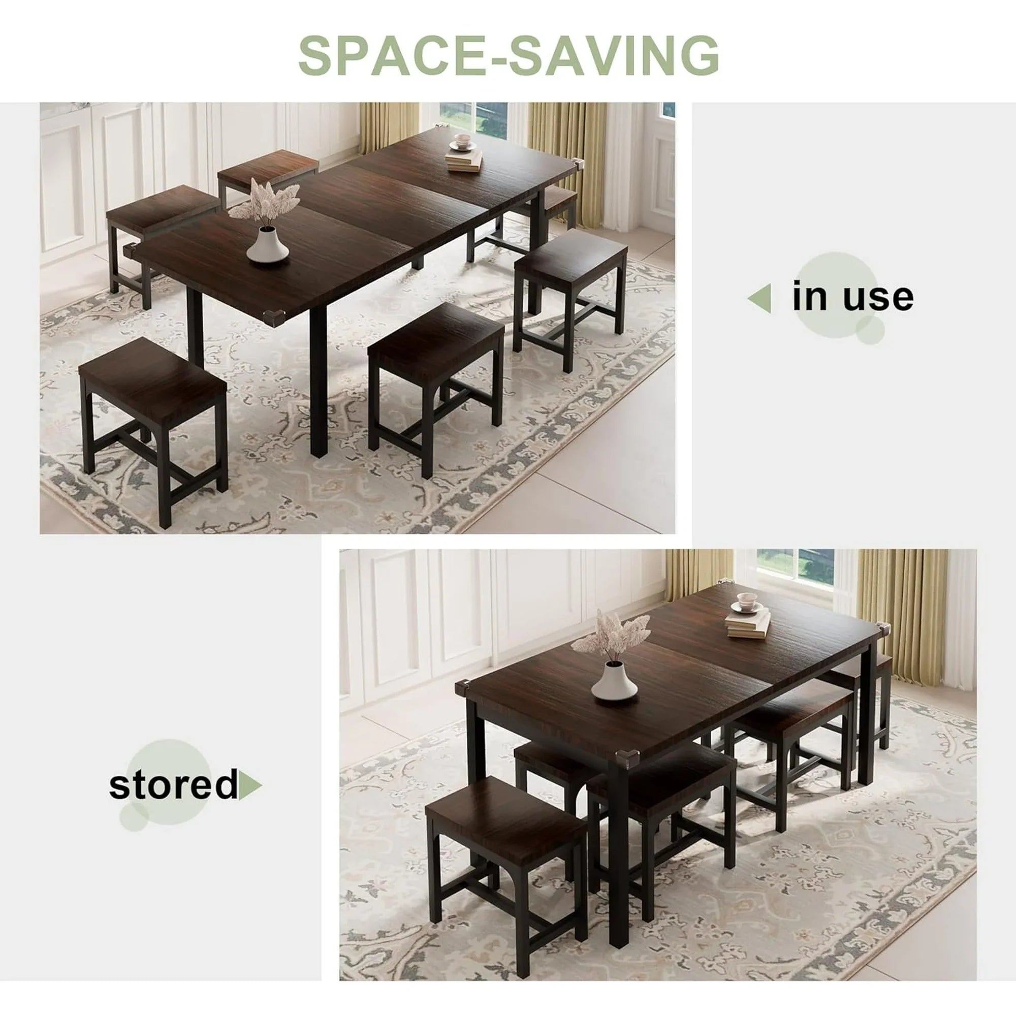 iPormis 7-Piece 63" Extendable Dining Table Set for 4-8 People, Mid-Century