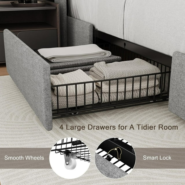 iPormis Bed Frame with Charging Station , Upholstered Bed with 4 Storage Drawers