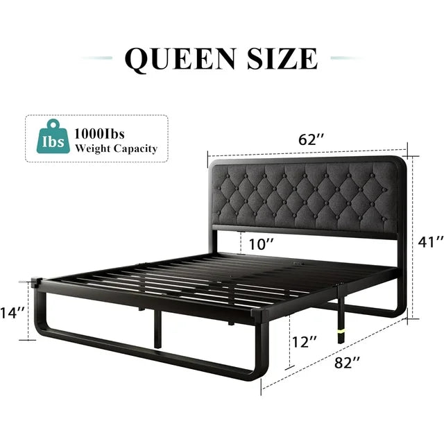 iPormis Queen Size Metal Bed Frame with Linen Upholstered Headboard, 12'' Underbed Space