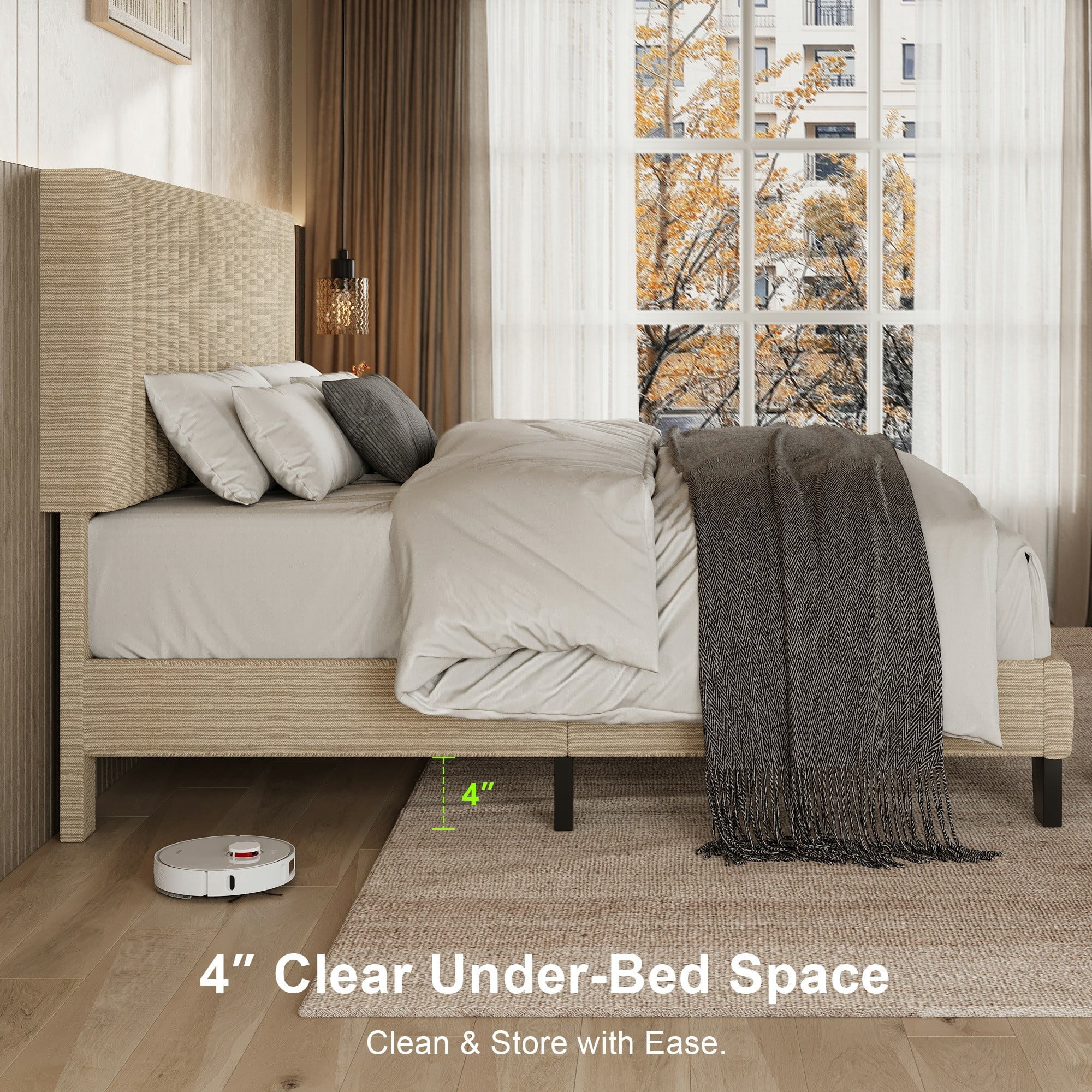 Virans Upholstered Linen Platform Bed frame with Fabric Headboard